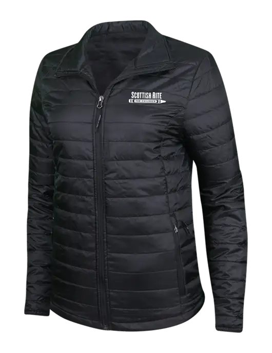 Womens Black Puffy Packable Jacket w/Scottish Rite for Children Logo