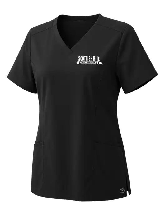 Wink Womens Black Premiere Flex V-Neck Top w/Scottish Rite for Children Logo