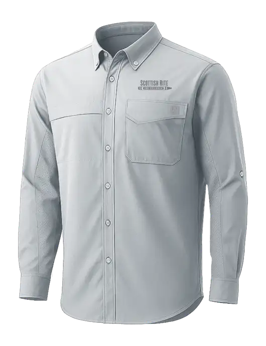 HUK Light Grey Tide Point Pocket Long Sleeve Fishing Shirt w/Scottish Rite for Children Logo