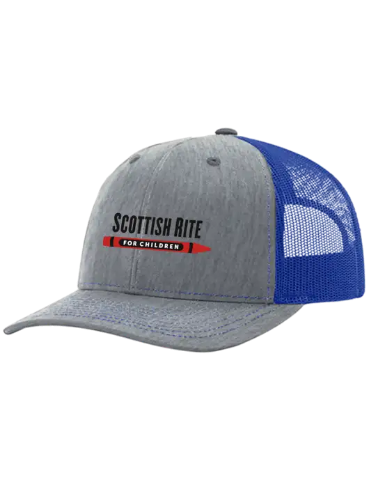 Richardson Adjustable Snapback Original 112 Trucker Cap Heather Light Grey w/Royal Mesh w/Scottish Rite for Children Logo