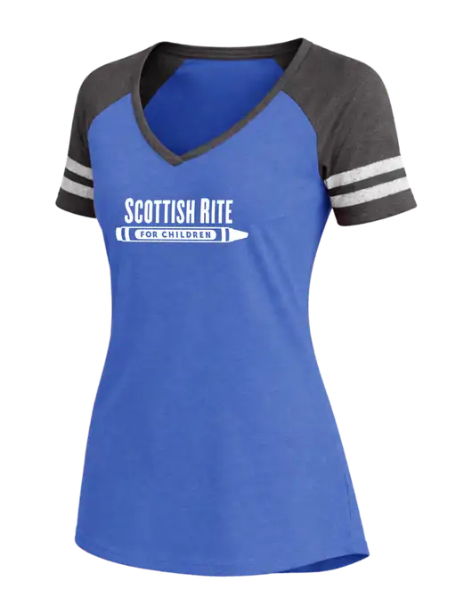 Womens Royal Heather/Charcoal Heather V-Neck Game Tee w/Scottish Rite for Children Logo