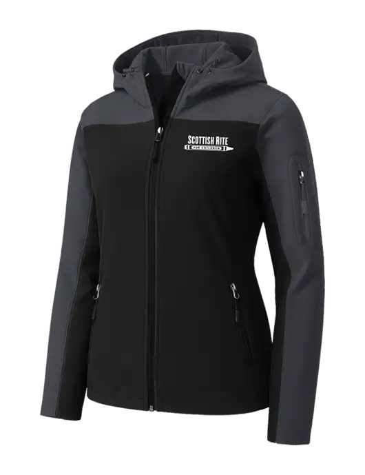Womens Hooded Core Dark Grey/Black Soft Shell Jacket w/Scottish Rite for Children Logo
