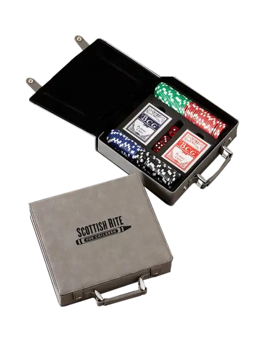 Grey Leatherette 100 Chip Poker Set w/Scottish Rite for Children Logo