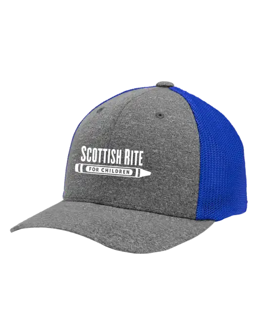 Flexfit Royal/Medium Grey Heather Melange Mesh Back Trucker Cap w/Scottish Rite for Children Logo