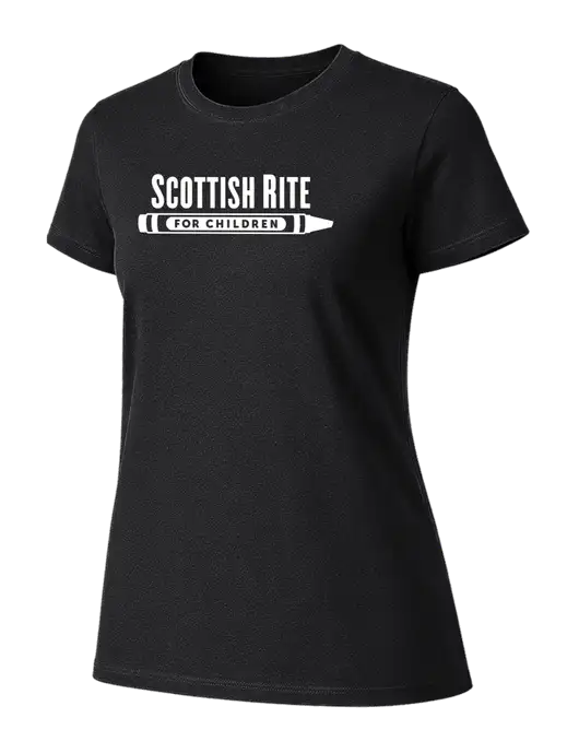 Womens Ring Spun Jet Black 4.5 oz T-Shirt w/Scottish Rite for Children Logo