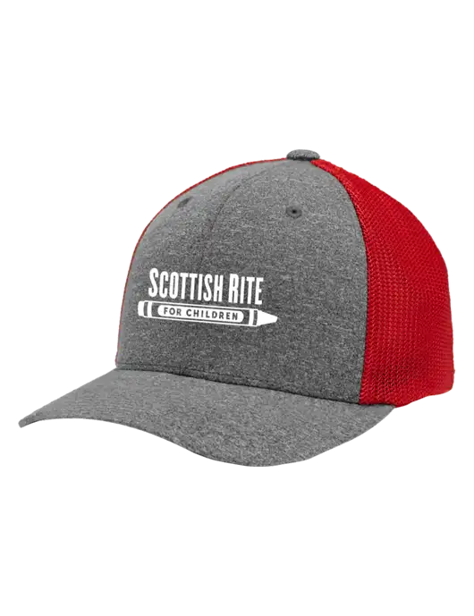 Flexfit Red/Medium Grey Heather Melange Mesh Back Trucker Cap w/Scottish Rite for Children Logo