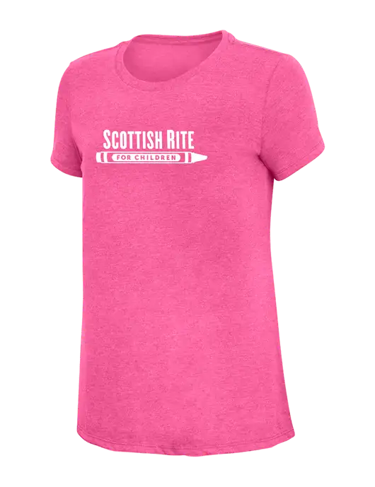 Womens Simply Soft Fuchsia Frost 4.5oz Poly/Combed Ring Spun Cotton T-Shirt w/Scottish Rite for Children Logo