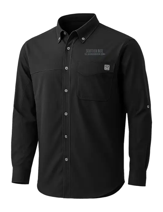 HUK Black Tide Point Pocket Long Sleeve Fishing Shirt w/Scottish Rite for Children Logo