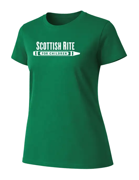 Womens Ring Spun Kelly Green 4.5 oz T-Shirt w/Scottish Rite for Children Logo