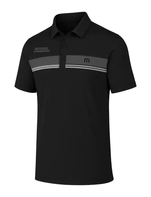 TravisMathew Black Glenview Stripe Polo w/Scottish Rite for Children Logo