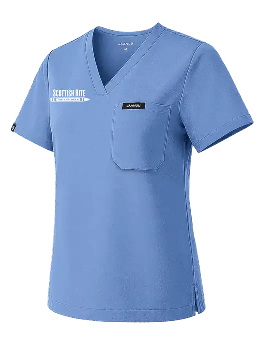 Jaanuu Womens Rhena Essential Carolina Blue 1-Pocket Scrub V-Neck Top w/Scottish Rite for Children Logo